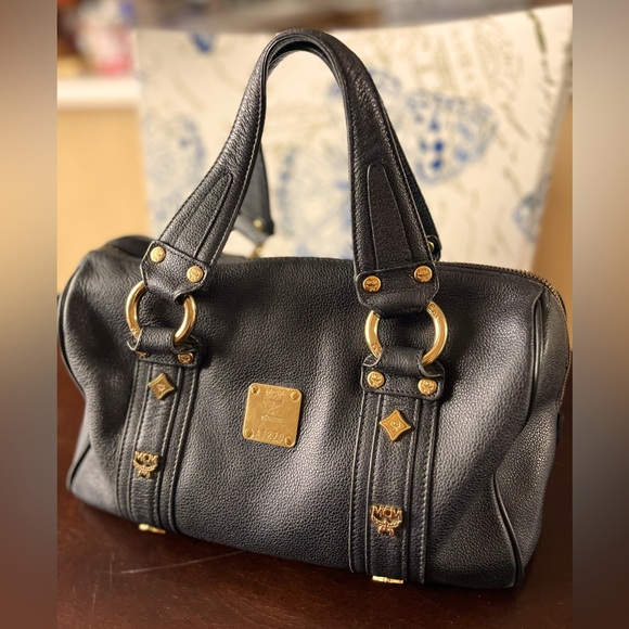 MCM Calfskin Studded Boston Bag Black Authentic - Picture 1 of 15